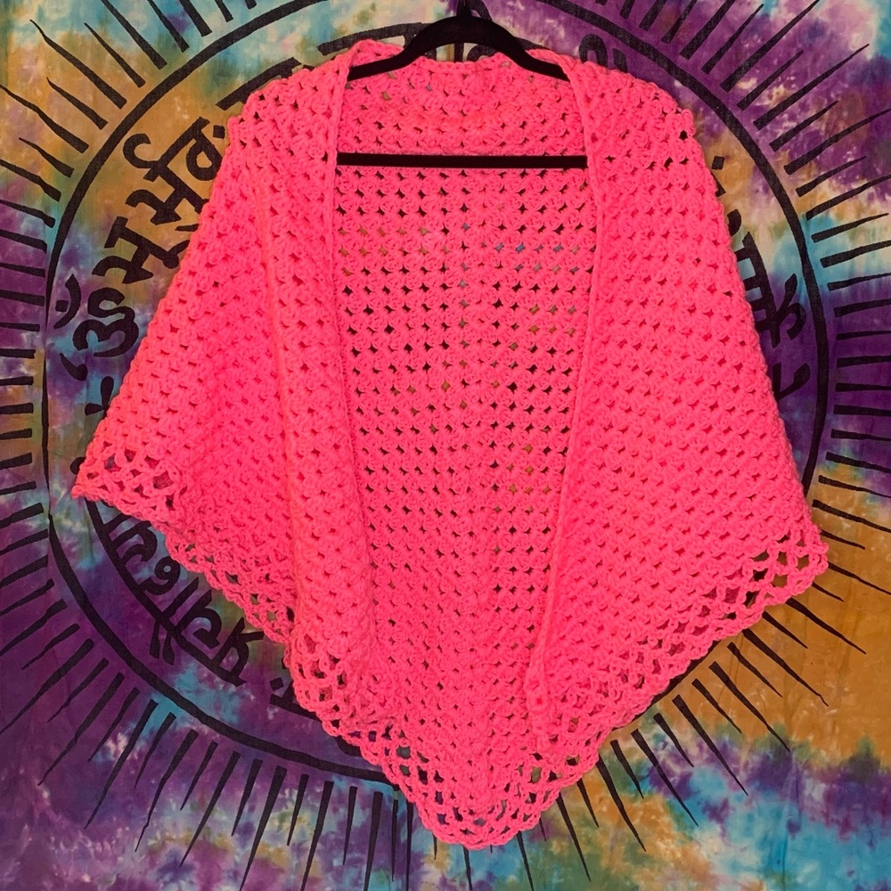 Crochet Shawl Handmade Universal Size Neon Pink